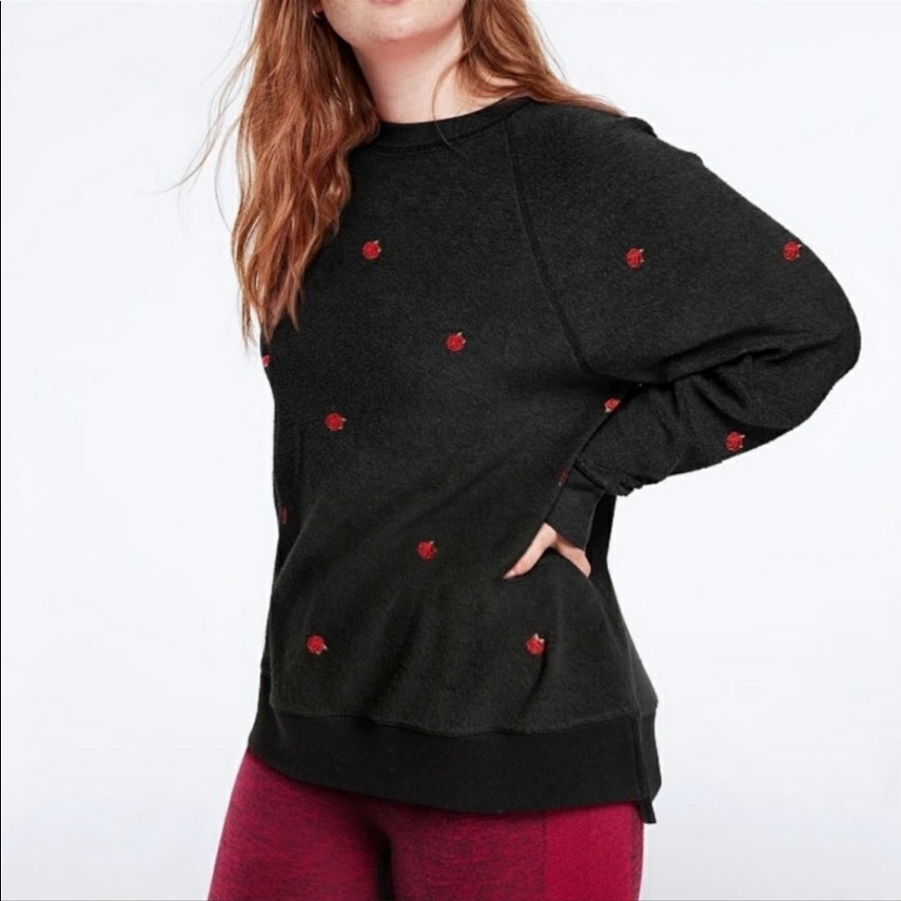 PINK oversized black with roses crewneck